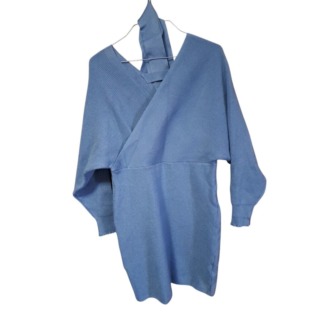 NWT Halara Women's Long Sleeve Mini Sweater Dress Medium Blue Crisscross Bodycon